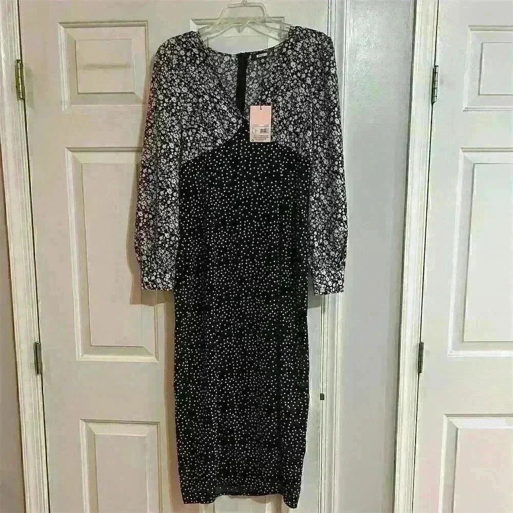 Missguided V Neck Balloon Sleeve Midi Dress Black Floral Polka Dot UK 8 US 4
